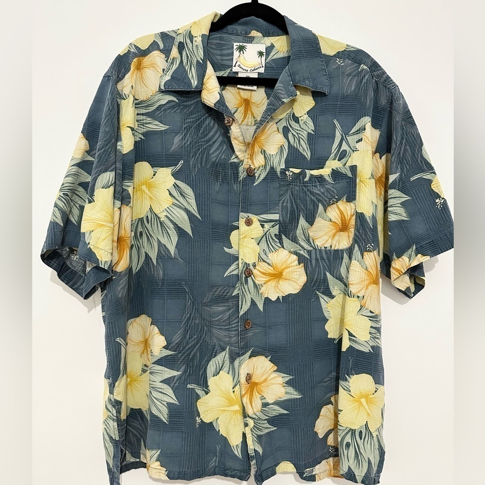 VTG MEN'S BANANA CABANA FRENCH BLUE WITH FLORAL PRINT 100% SILK HAWAIIAN SHIRT L